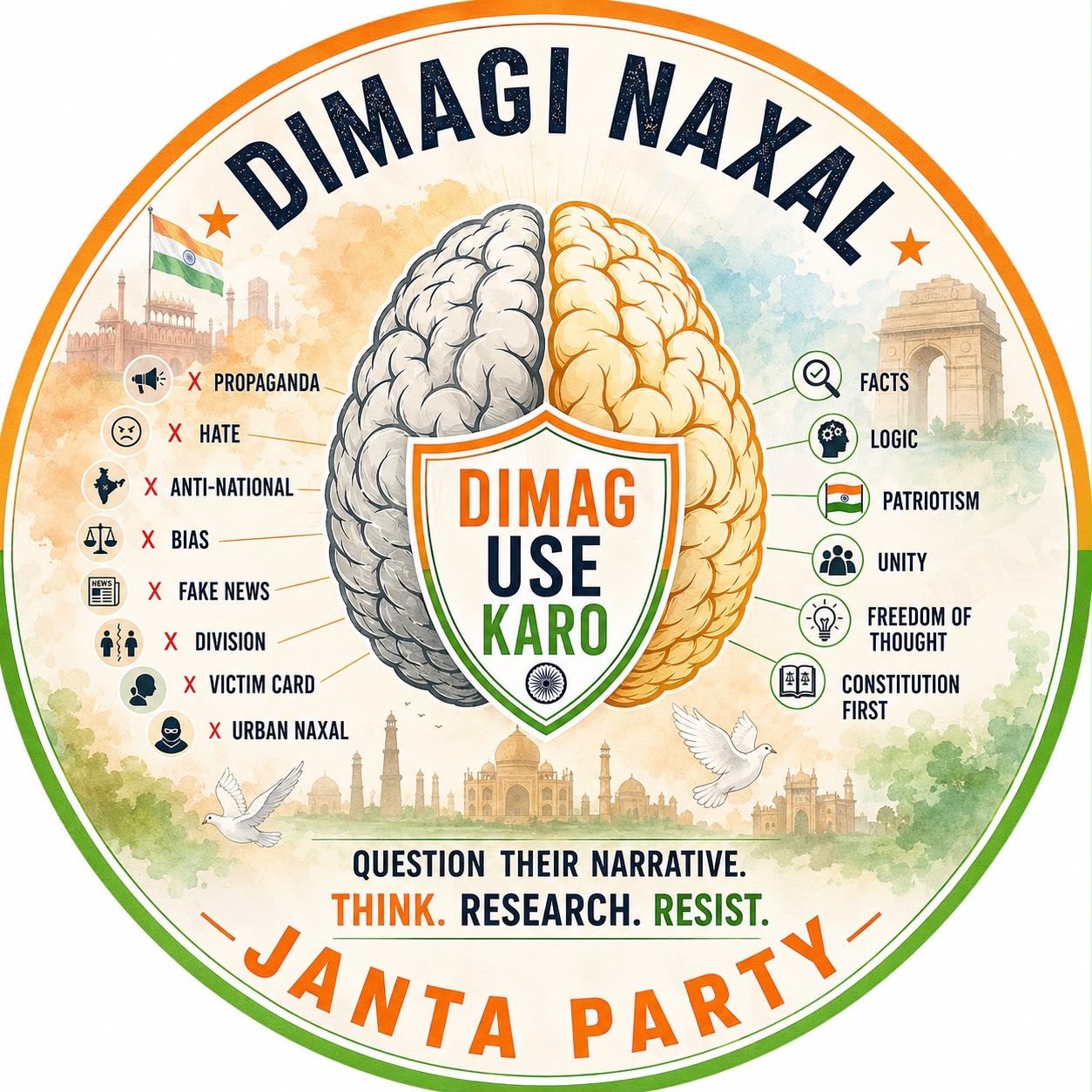 Dimagi Naxal Party seal: a split brain — their labels on one side, facts, logic and Constitution-first on the other. Dimag Use Karo.